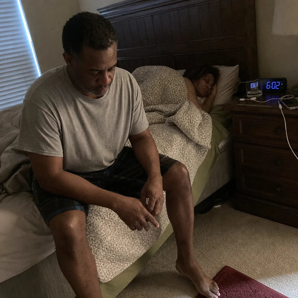 Middle-aged man sitting on the edge of the bed at 6:02 a.m. while his wife sleeps