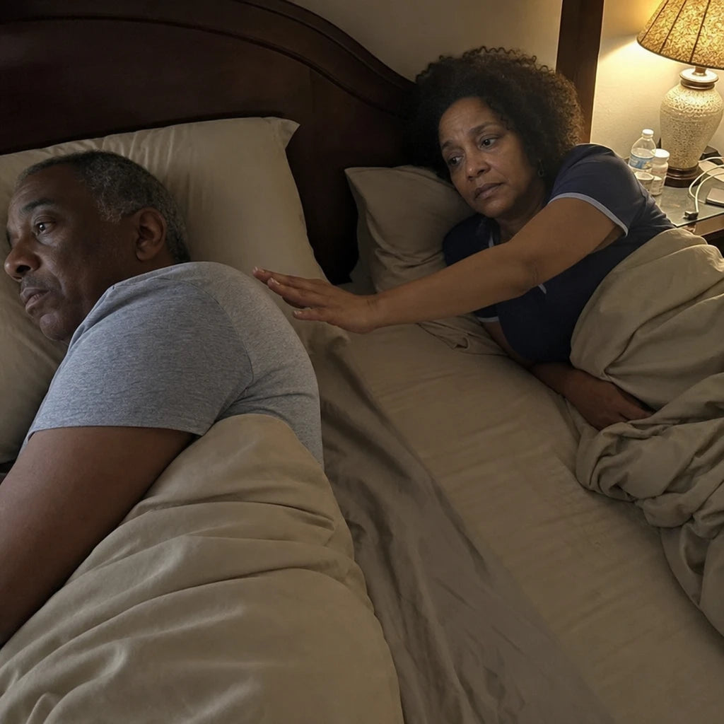Man lying in bed turned away, eyes open, while his wife reaches toward his shoulder