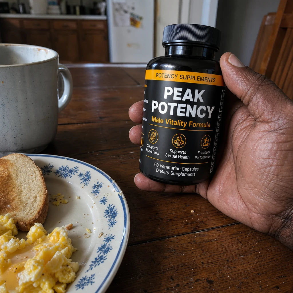 Hand holding a bottle of Peak Potency at the breakfast table next to coffee and eggs