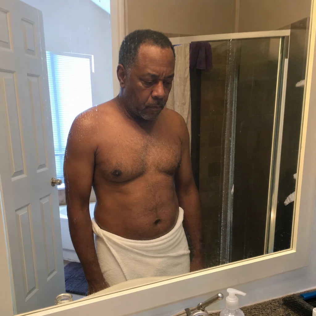Middle-aged man in a towel at the bathroom mirror after a shower, looking down