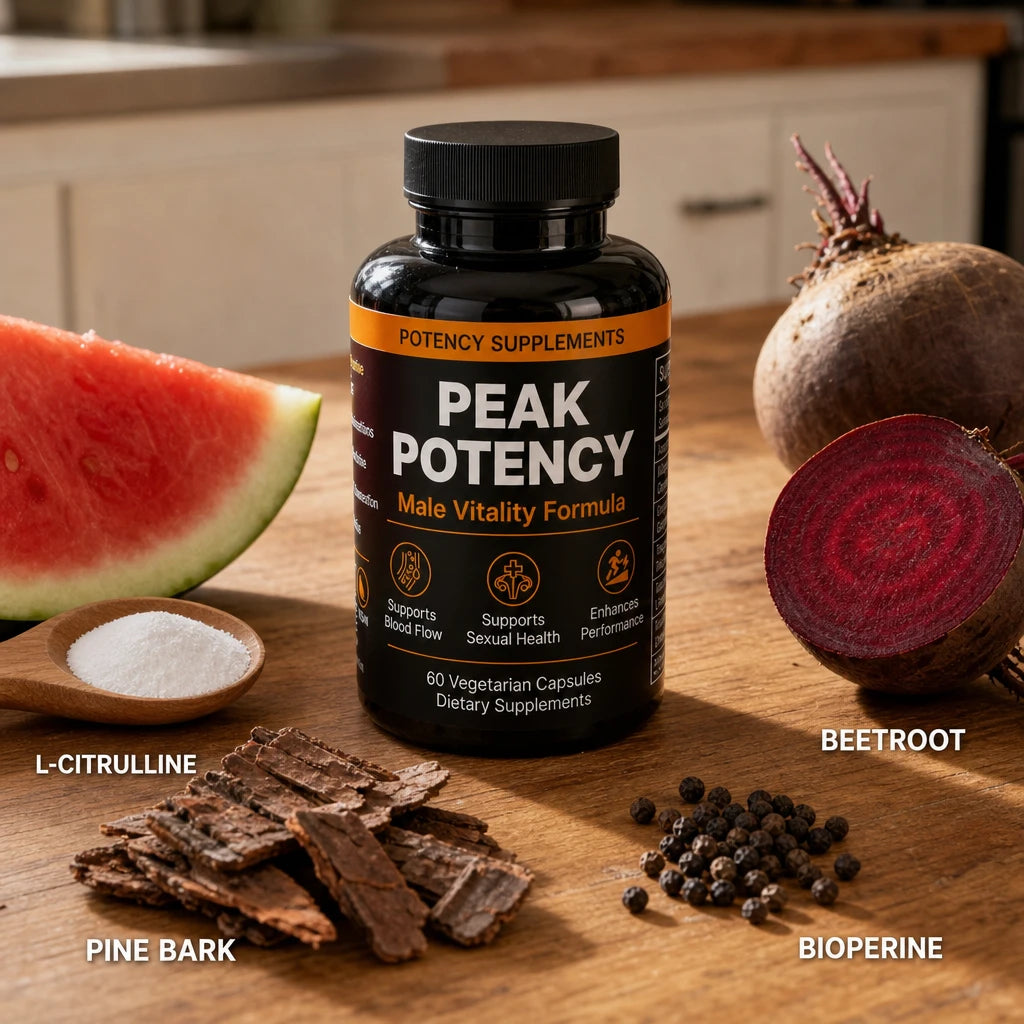 Peak Potency bottle on a kitchen counter surrounded by pine bark, beetroot, L-citrulline with watermelon, and black pepper for BioPerine