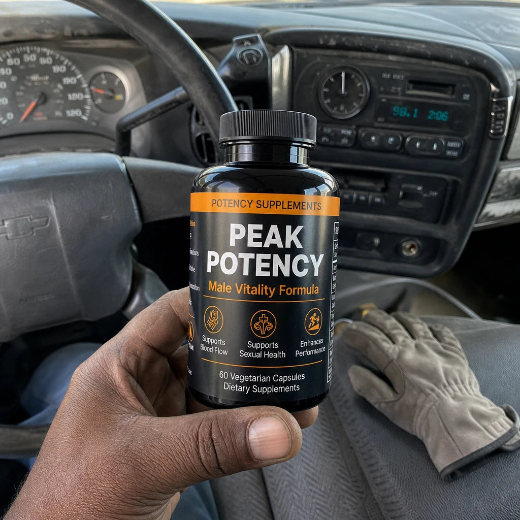 Hand holding a bottle of Peak Potency inside a pickup truck, work glove on the seat
