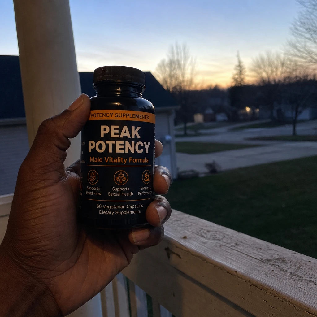 Hand holding a bottle of Peak Potency on a front porch at sunset