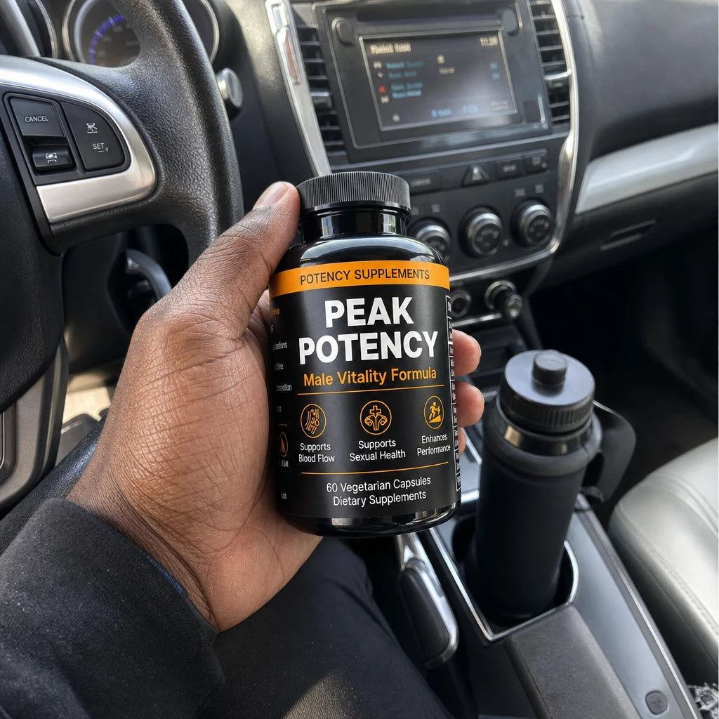Hand in a hoodie sleeve holding a bottle of Peak Potency in a parked car, water bottle in the cup holder