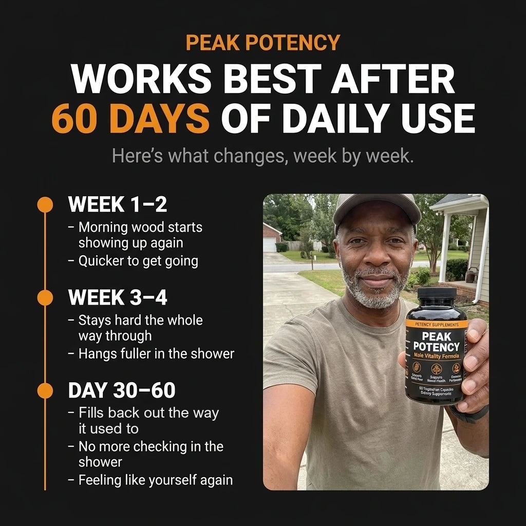 Peak Potency works best after 60 days of daily use: week 1-2 morning wood returns, week 3-4 stays hard and hangs fuller, day 30-60 fills back out. Customer selfie holding the bottle.